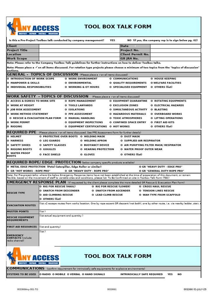 Pre-Project Toolbox Talk Checklist | PDF | Personal Protective ...