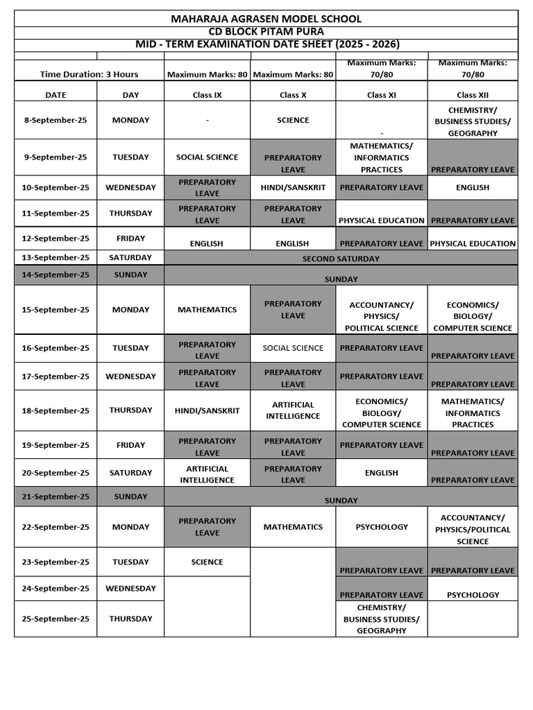 Mid-Term Exam Date Sheet 2025-2026 | PDF | Science