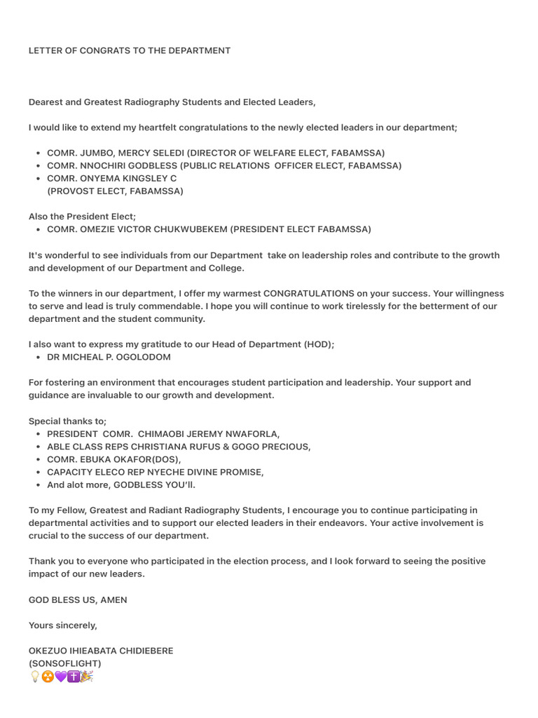 Letter of Congrats To The Department | PDF
