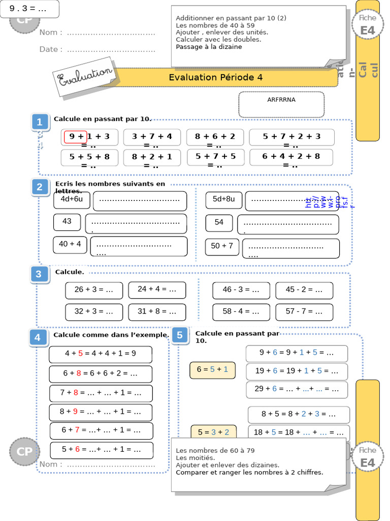 Évaluation de mathématiques CP E4 | PDF | Ouverture (échecs) | Échecs