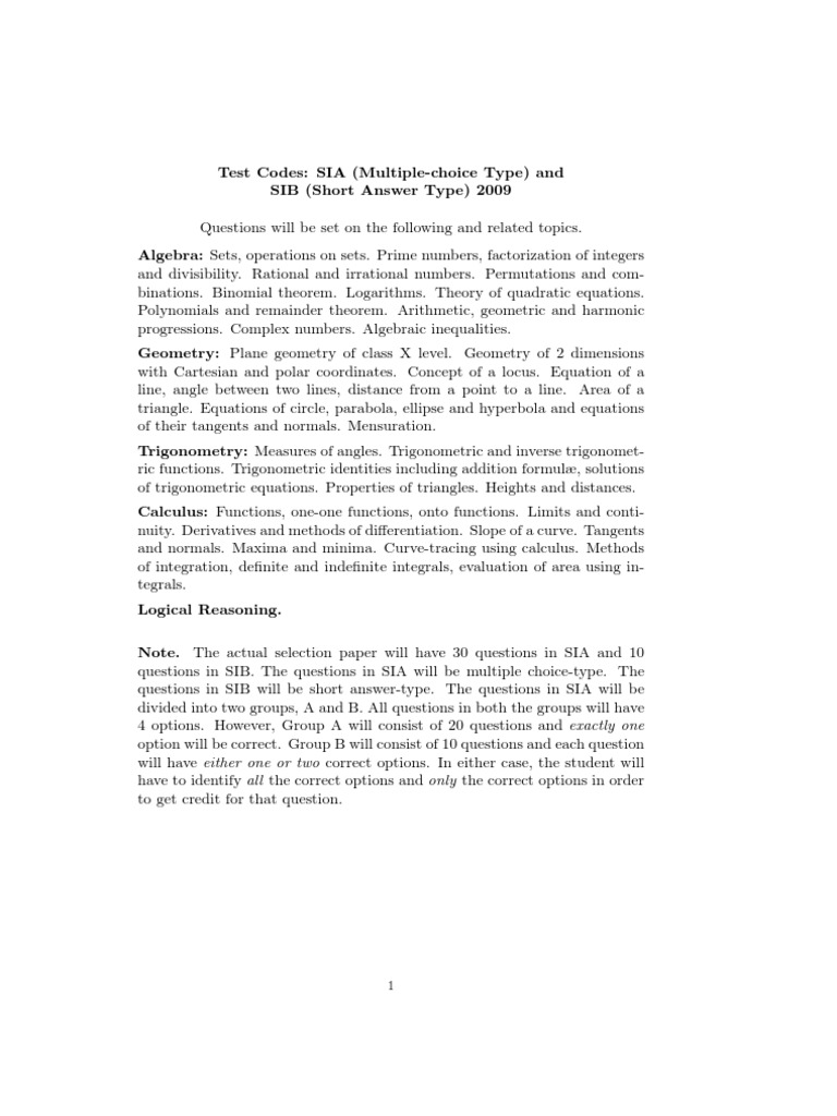 2009 SIA SIB Test Codes: Math Topics | PDF