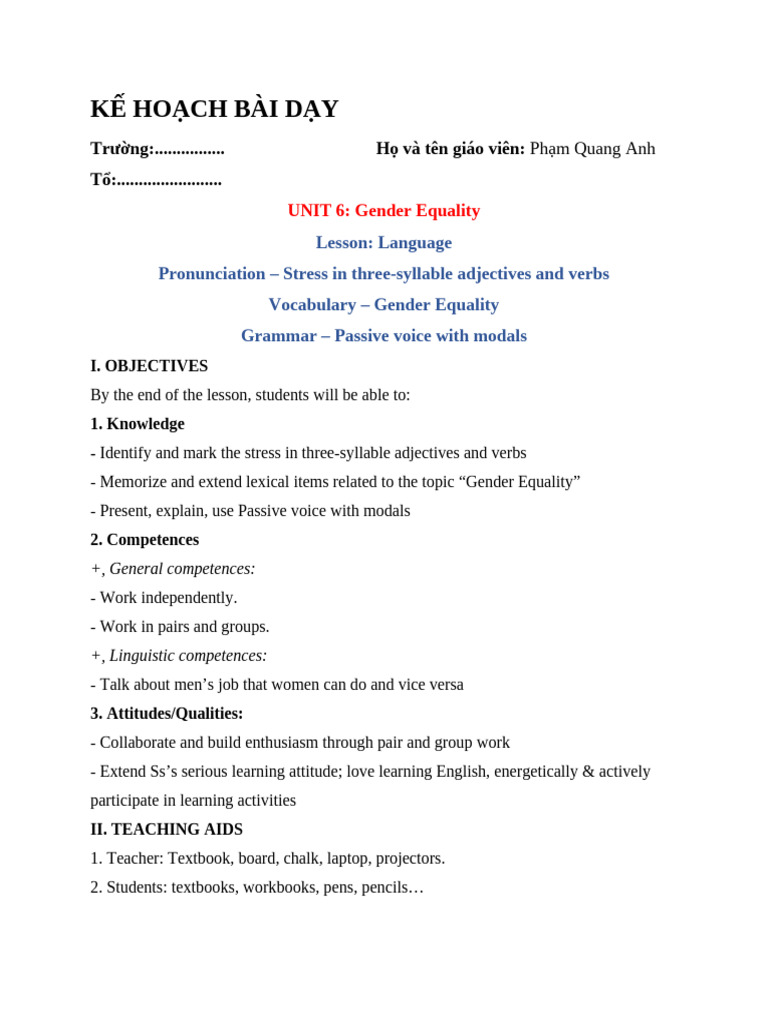 Gender Equality Lesson Plan | PDF | Verb | Stress (Linguistics)