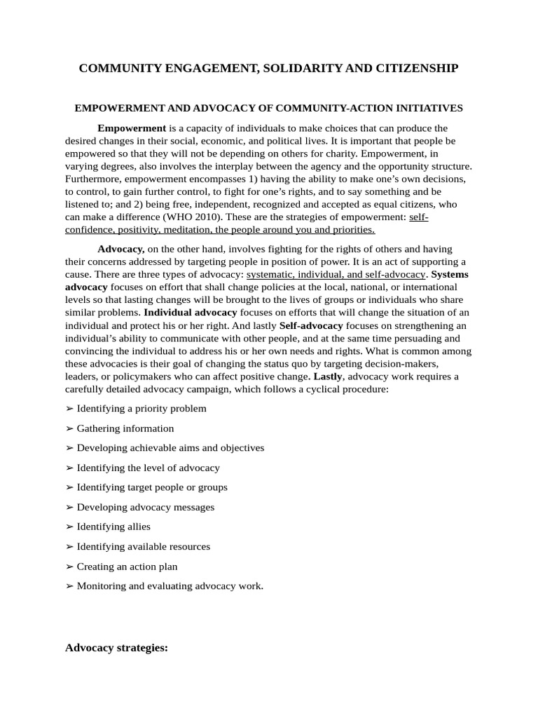 Community Empowerment and Advocacy Strategies | PDF | Empowerment ...