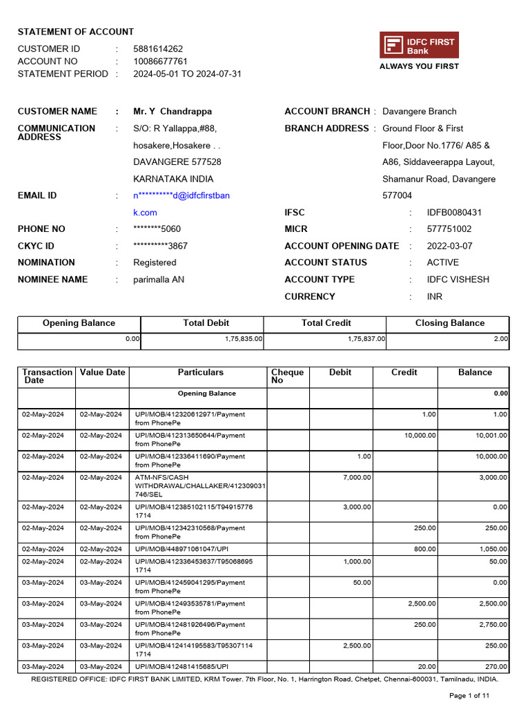 IDFCFIRSTBankstatement 10086677761 005845104 | PDF | Debits And Credits ...