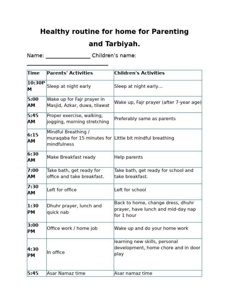 Healthy Routine For Both Parents and Children | PDF