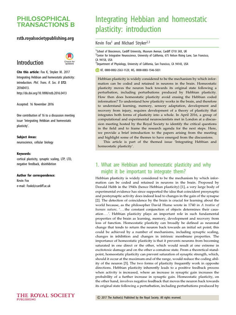 Integrating Hebbian and Homeostatic Plasticity: Introduction | PDF ...