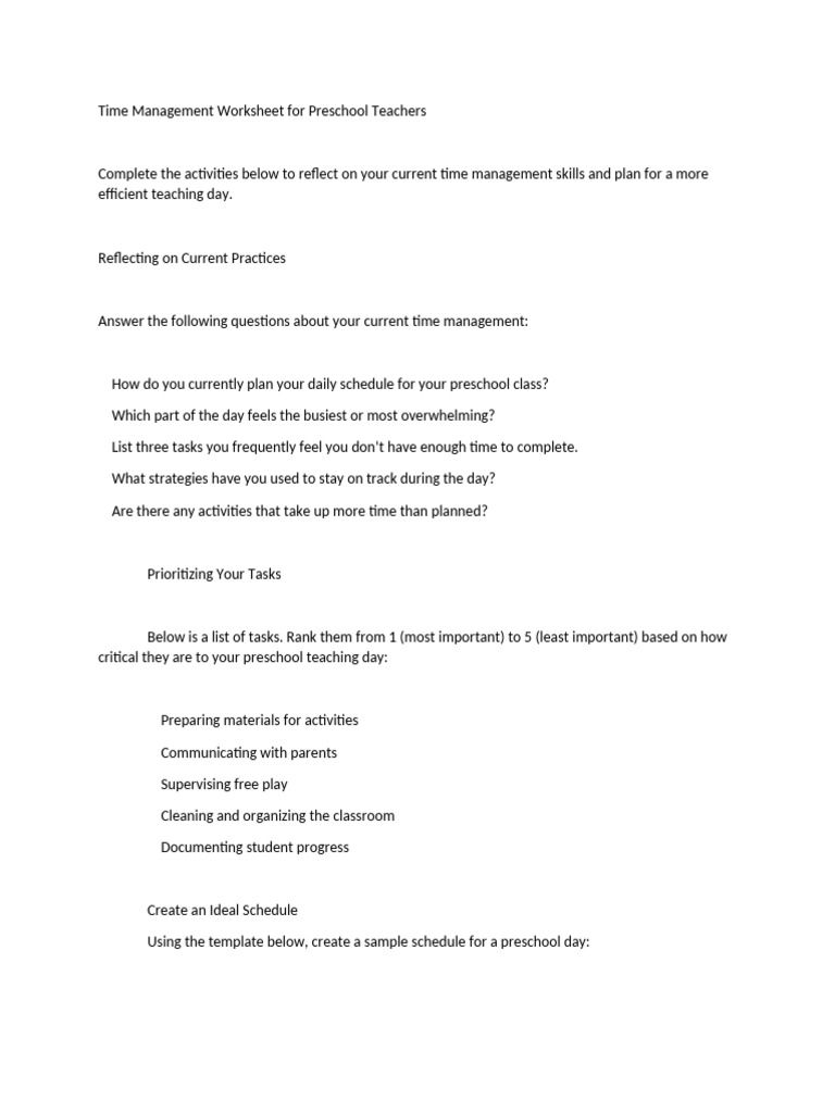 Preschool Teacher Time Management Guide | PDF | Classroom Management ...