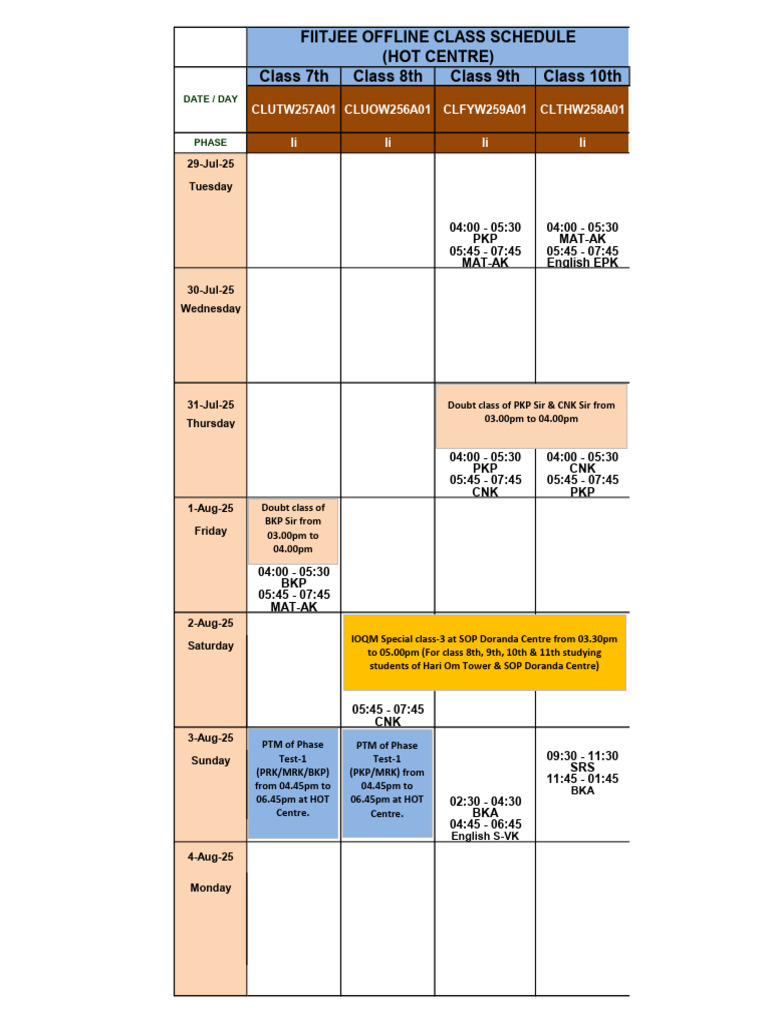 FIITJEE Offline Class Schedule 2025 | PDF