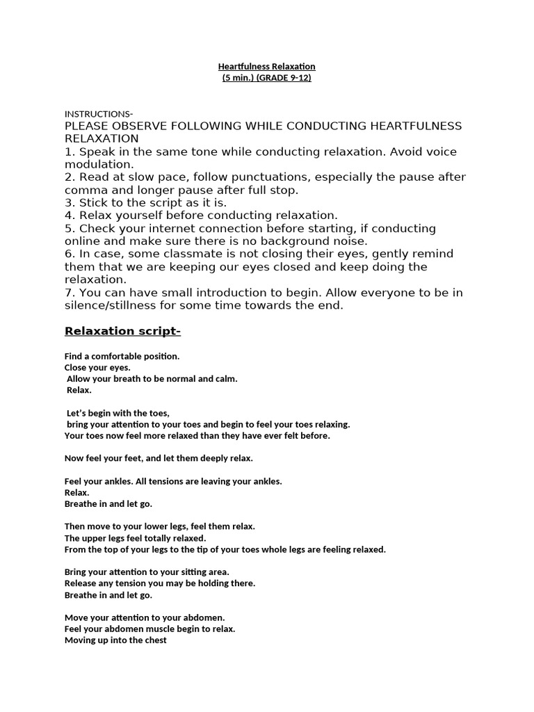 Heartfulness Relaxation Script Guide | PDF | Relaxation (Psychology ...