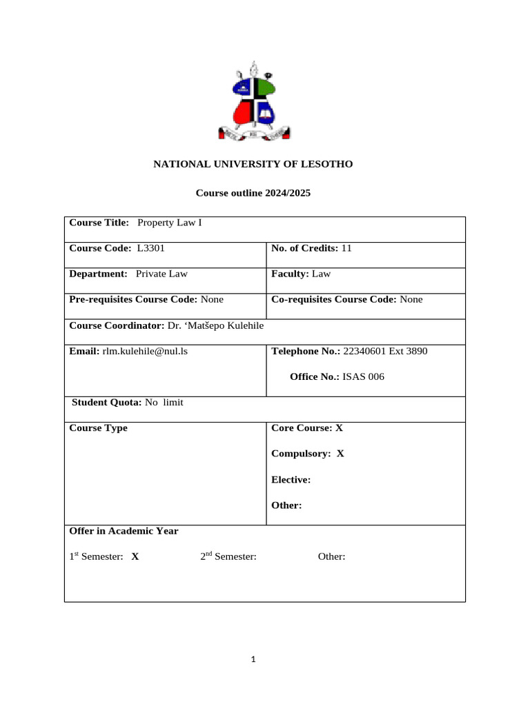 Property Law I Course Outline 2024/25 | PDF | Property Law | Lecture