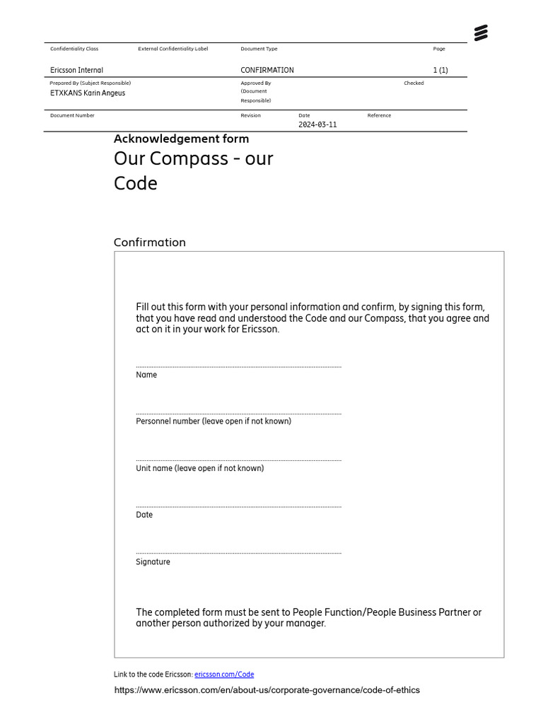 Ericsson Code of Ethics Acknowledgment Form | PDF