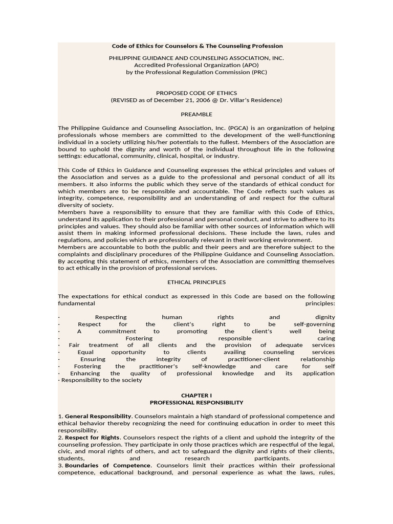 Code of Ethics in Counseling | PDF | School Counselor | Counseling ...