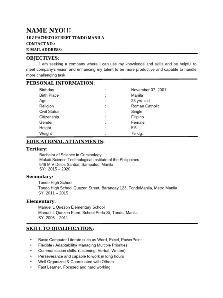 Sample Resume for Work Immersion | PDF | Manila