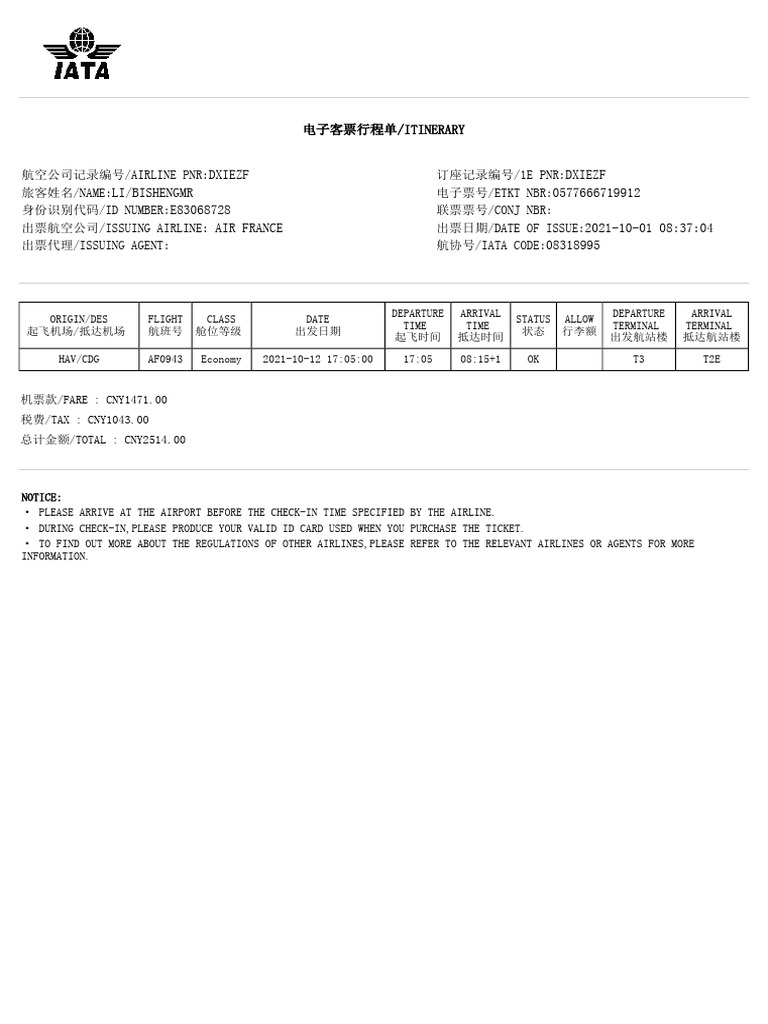 电子客票行程单 Itinerary | PDF