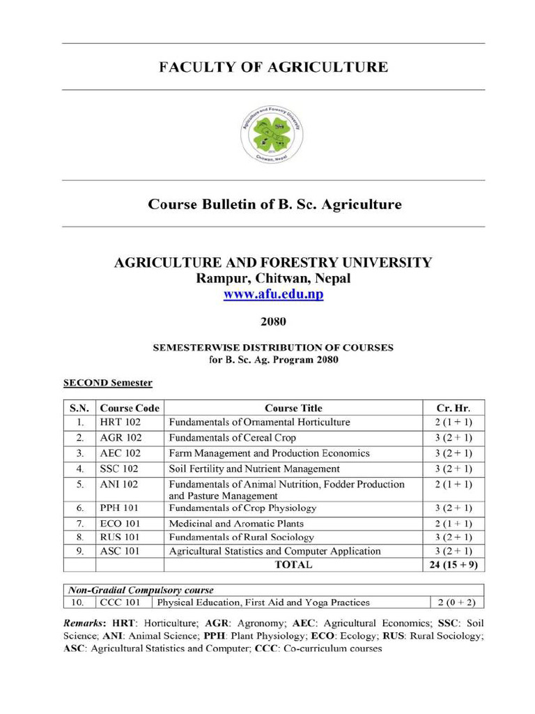 B.sc. Ag. SECOND Semester - Course Breakdown | PDF