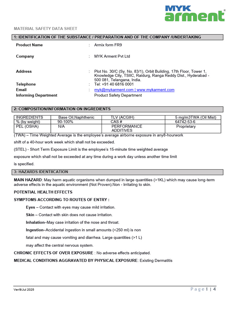 Armix Form FR9 Safety Data Sheet | PDF | Personal Protective Equipment ...