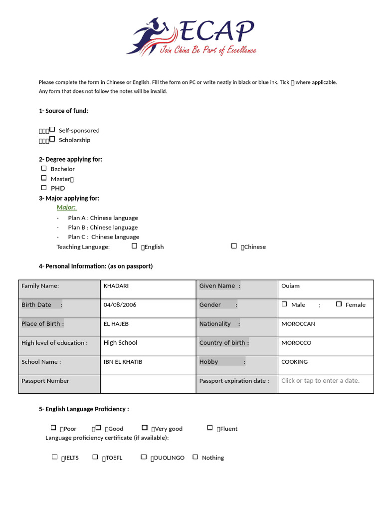 Completed Application Form ECAP 4 | PDF