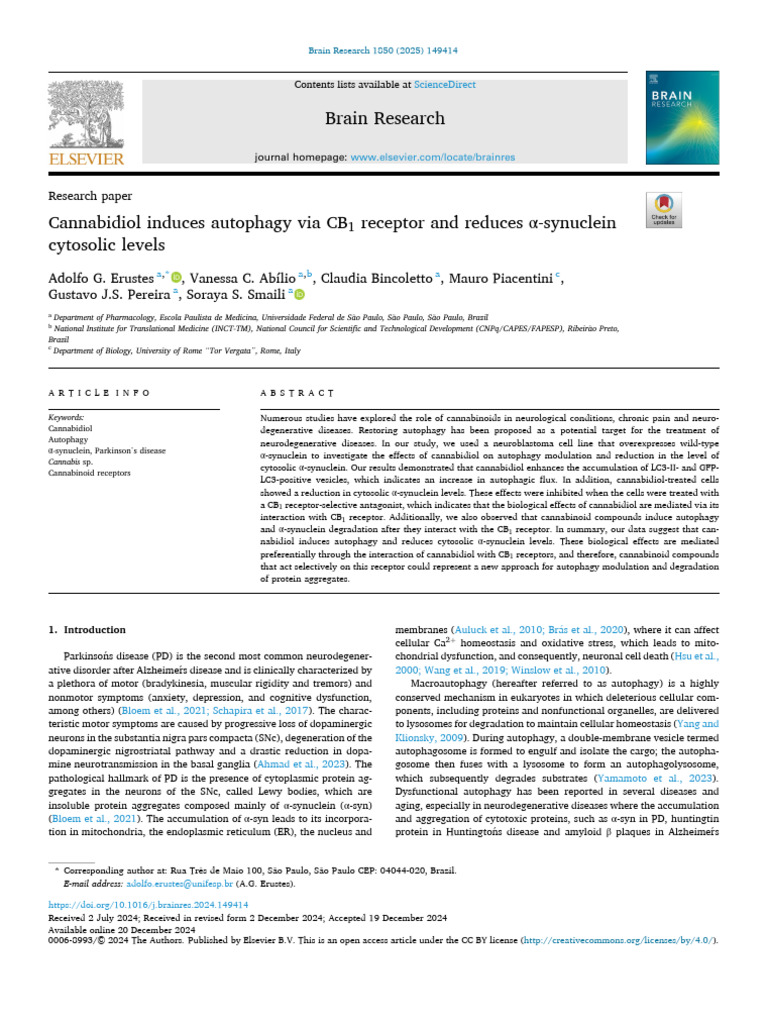 Cannabidiol Induces Autophagy via CB1 Receptor and Reduces Α-synuclein ...