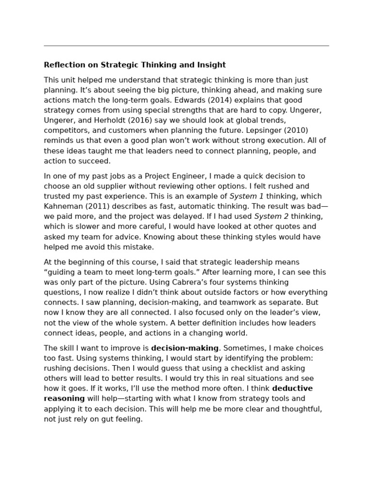 Reflection On Strategic Thinking and Insight. Spring | PDF ...