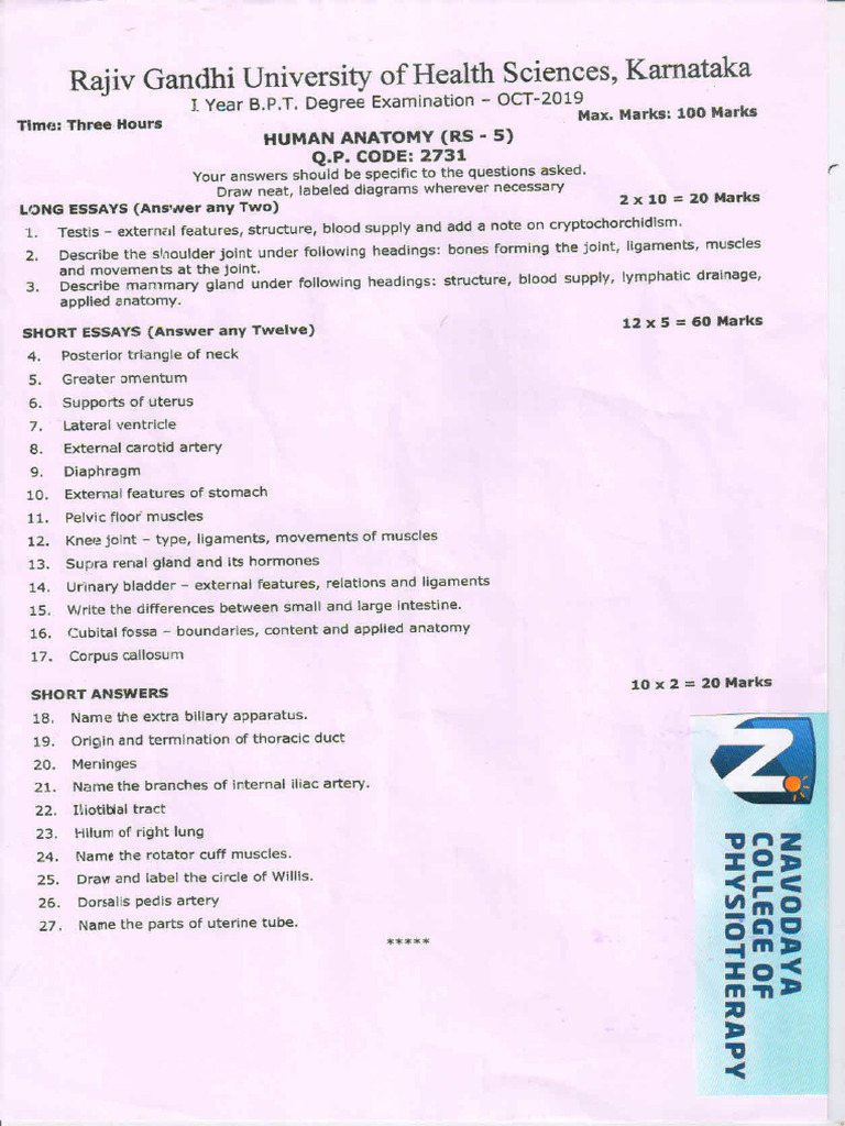 Rguhs 1st BPT Oct 2019 QP | PDF