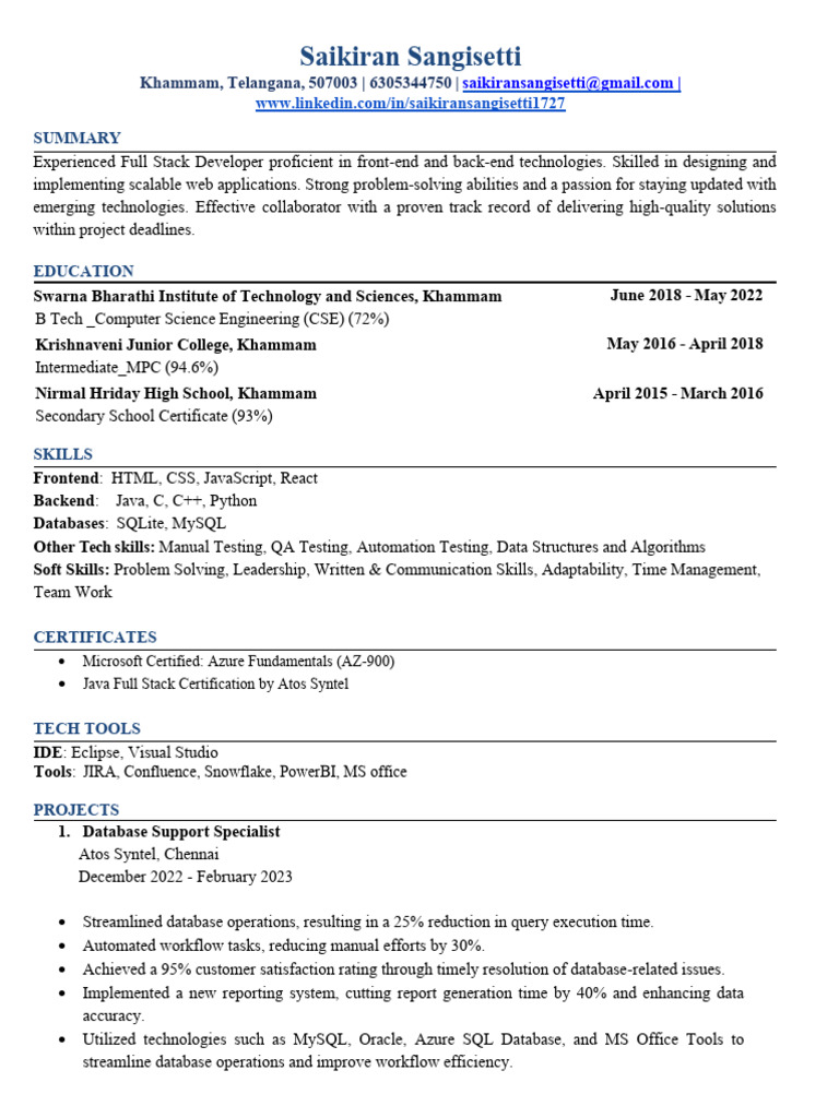 Full Stack Developer Resume Summary | PDF | Software Development | My Sql