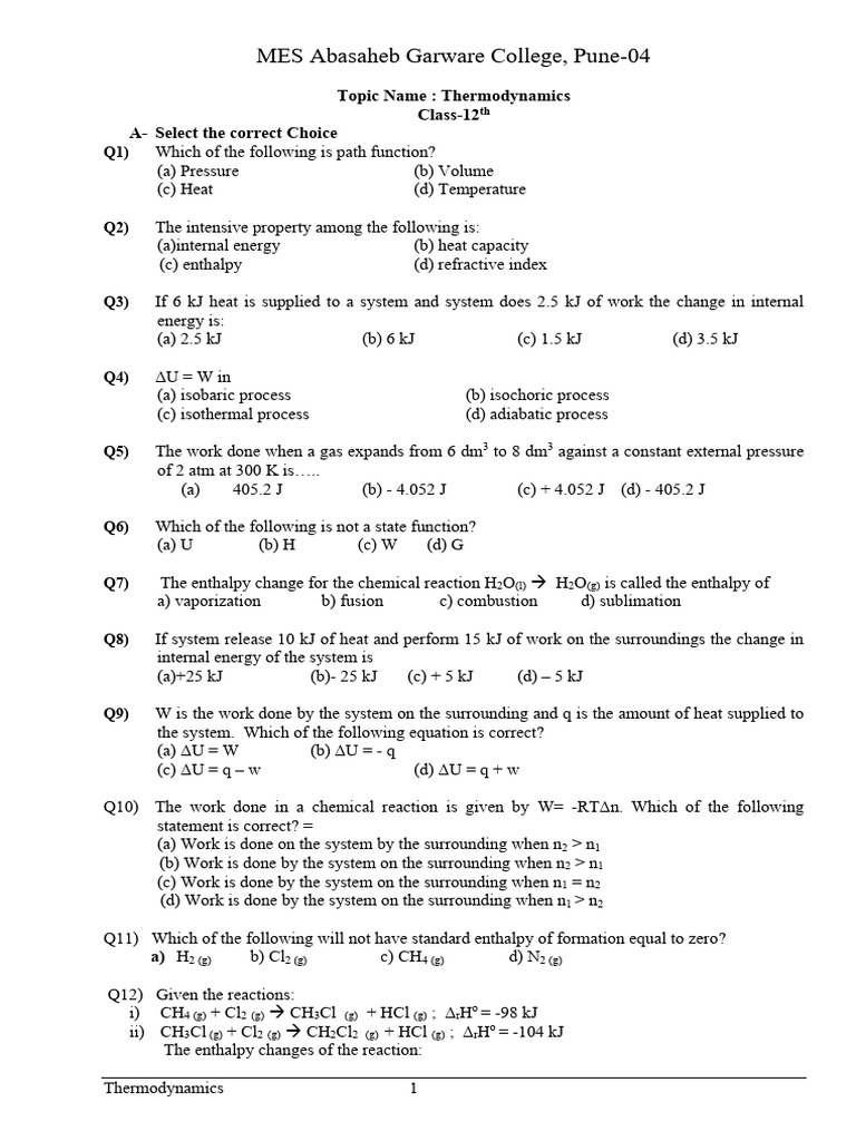 Thermodynamics Quiz for Class 12 | PDF | Gibbs Free Energy | Enthalpy