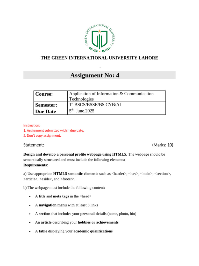 Personal Profile Webpage Assignment Guide | PDF