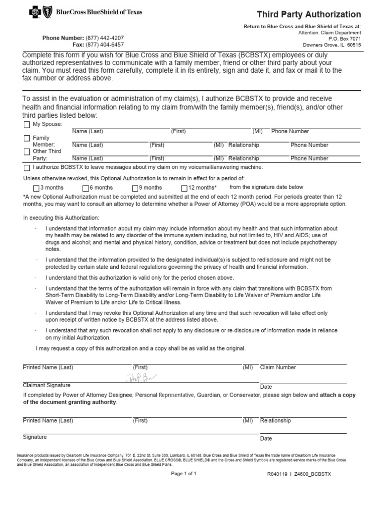 BCBSTX Third Party Authorization Form | PDF