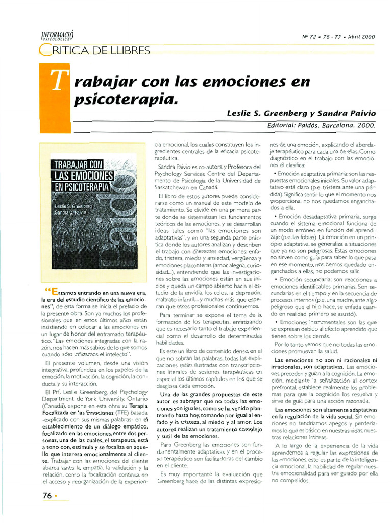 Trabajar Con Las Emociones en Psicoterapia | PDF