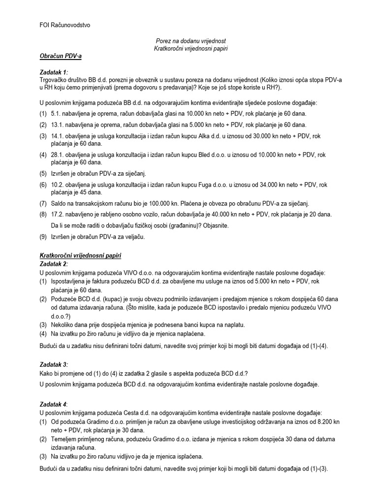 Porez Na Dodanu Vrijednost (PDV) I Veleprodaja (VP) - Zbirka Zadataka ...