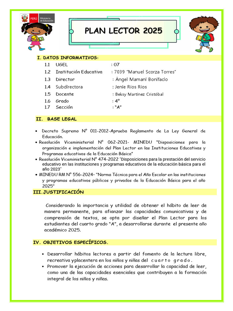 Plan Lector 2025 para 4° Grado "A" | PDF | Educación primaria ...
