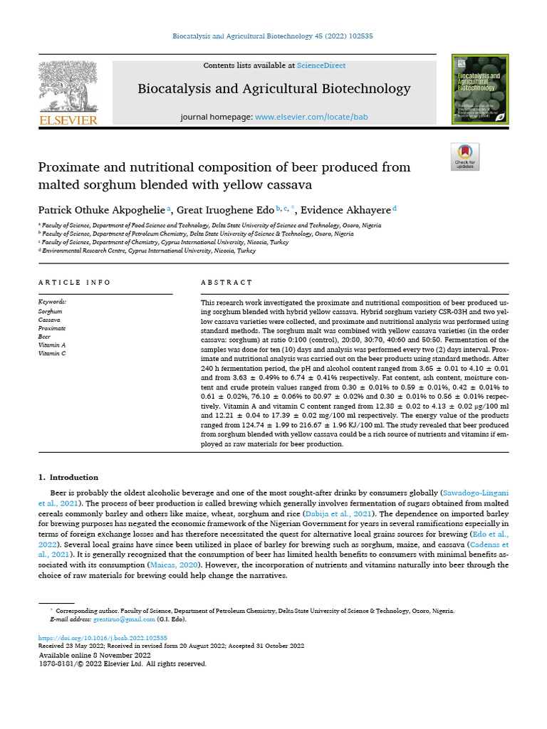 Proximate and Nutritional Composition of Beer Produced From Malted ...