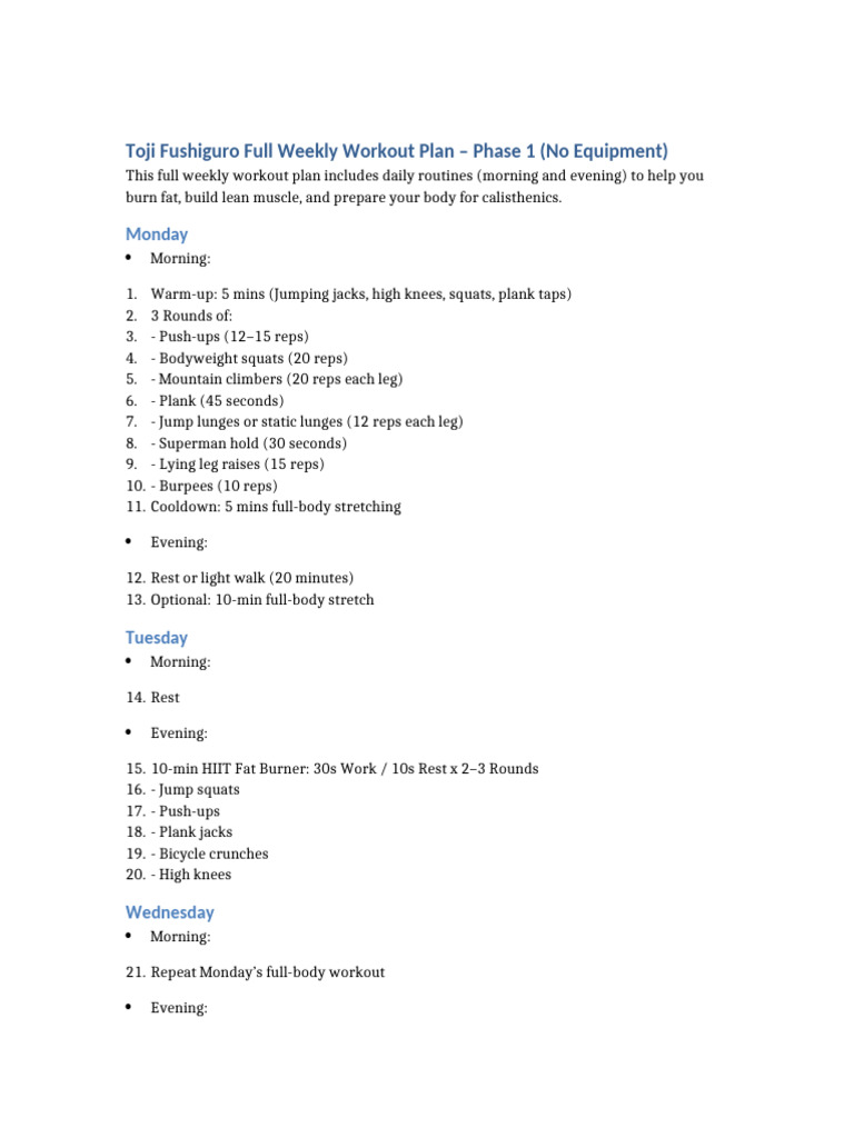 Toji Fushiguro Weekly Workout Plan | PDF