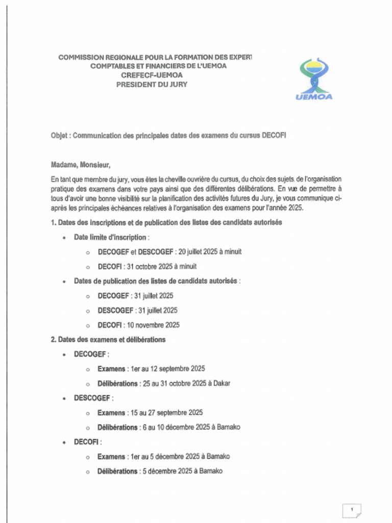 Lettre Du Président Du Jury Portant Communication Des Principaux Dates ...