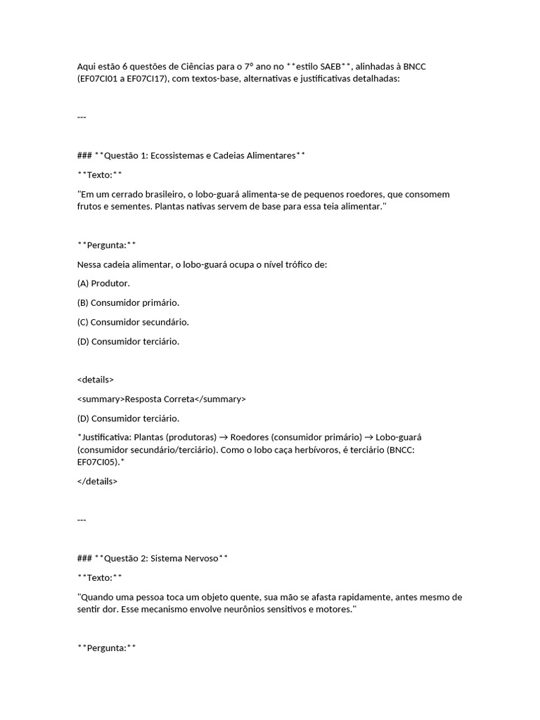 Questões SAEB de Ciências - 7º Ano | PDF | Sistema imunológico | Trópicos