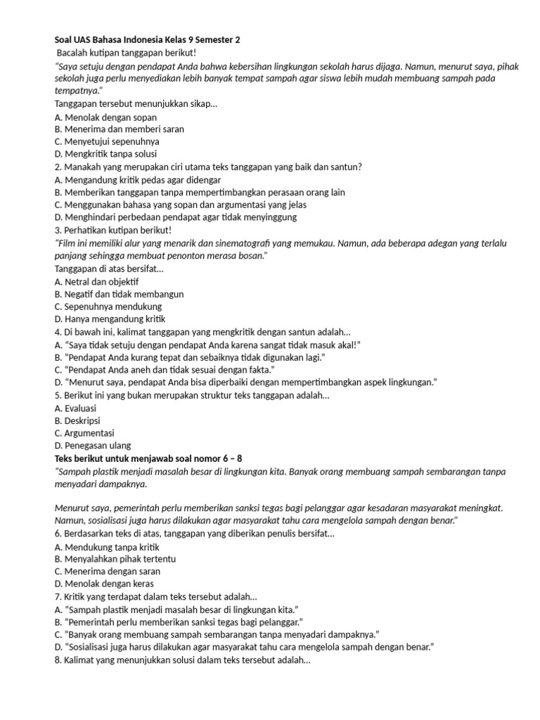 Soal UAS Bahasa Indonesia Kelas 9 | PDF