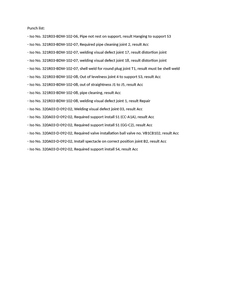 Pipe Inspection Punch List Summary | PDF