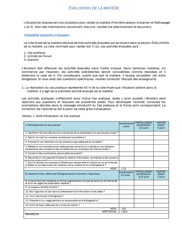 Évaluation des Activités de Cours | PDF | Apprentissage