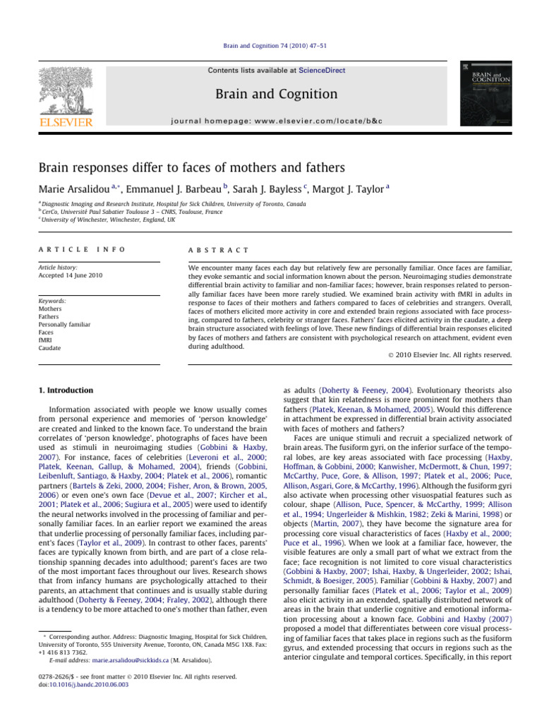 Brain Responses to Parental Faces | PDF | Frontal Lobe | Cingulate Cortex