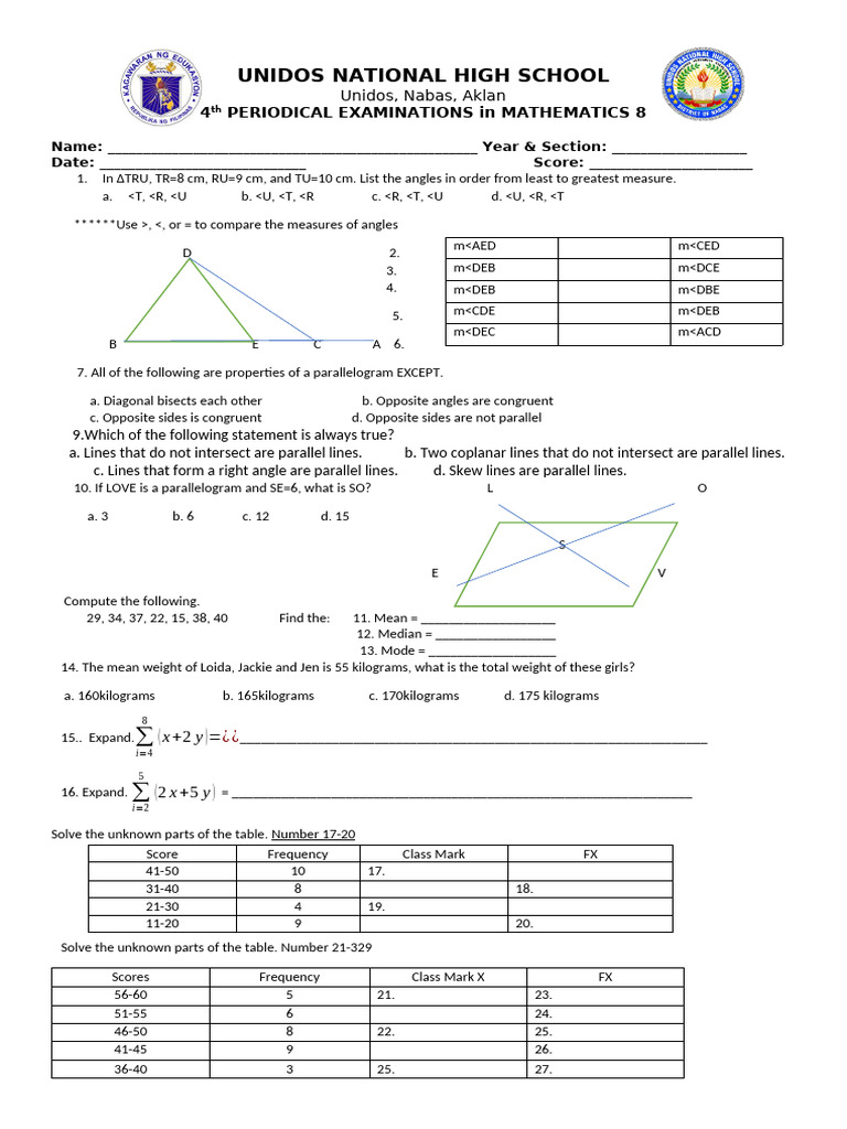 Math 8 Periodical Exam Guide | PDF | Mathematics | Student Assessment ...