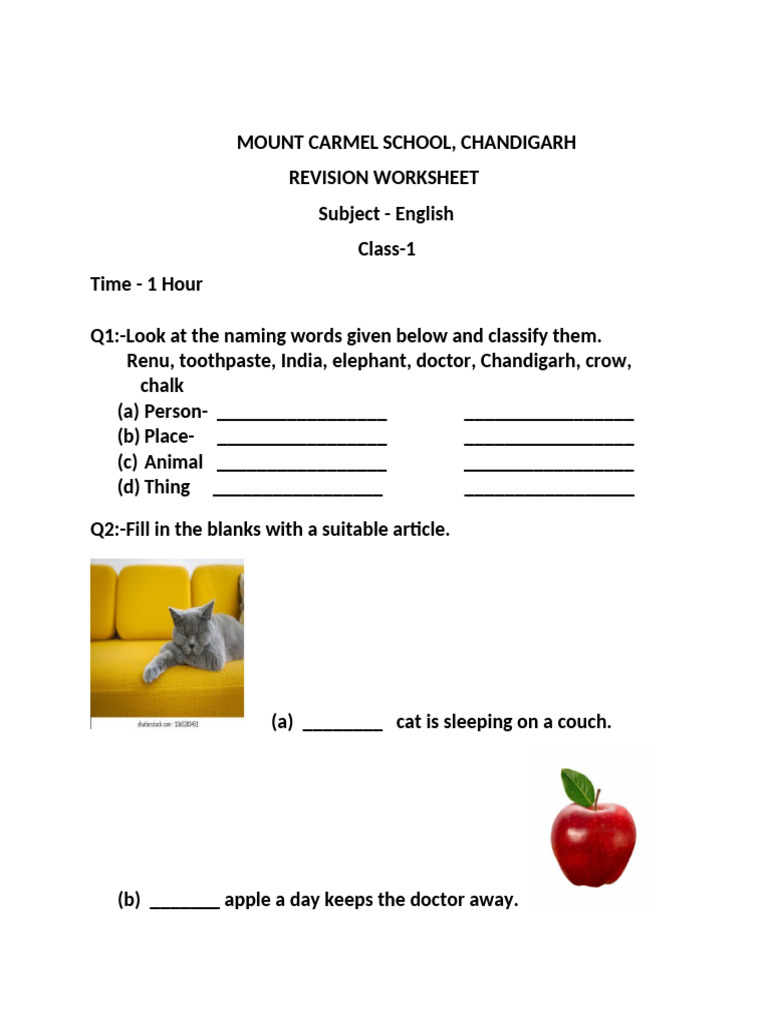 Class 1 English Revision Worksheet | PDF