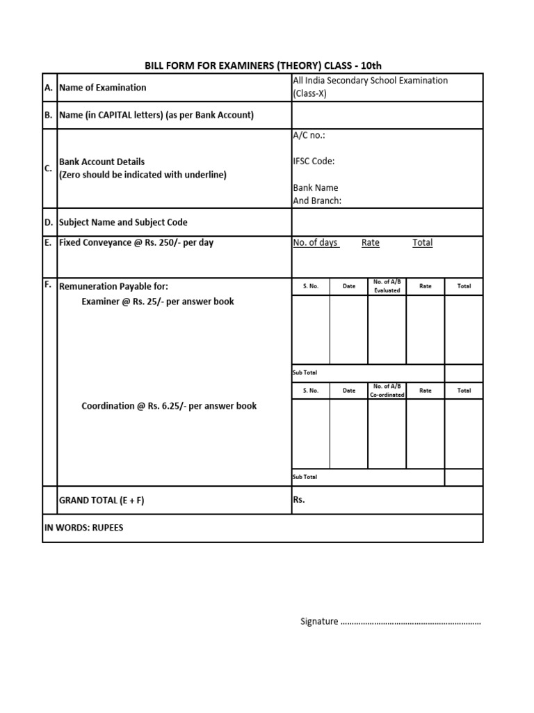 Class 10 Examiner Billing Form | PDF