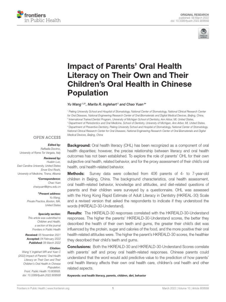 Impact of Parents' Oral Health Literacy On Their Own and Their Children ...