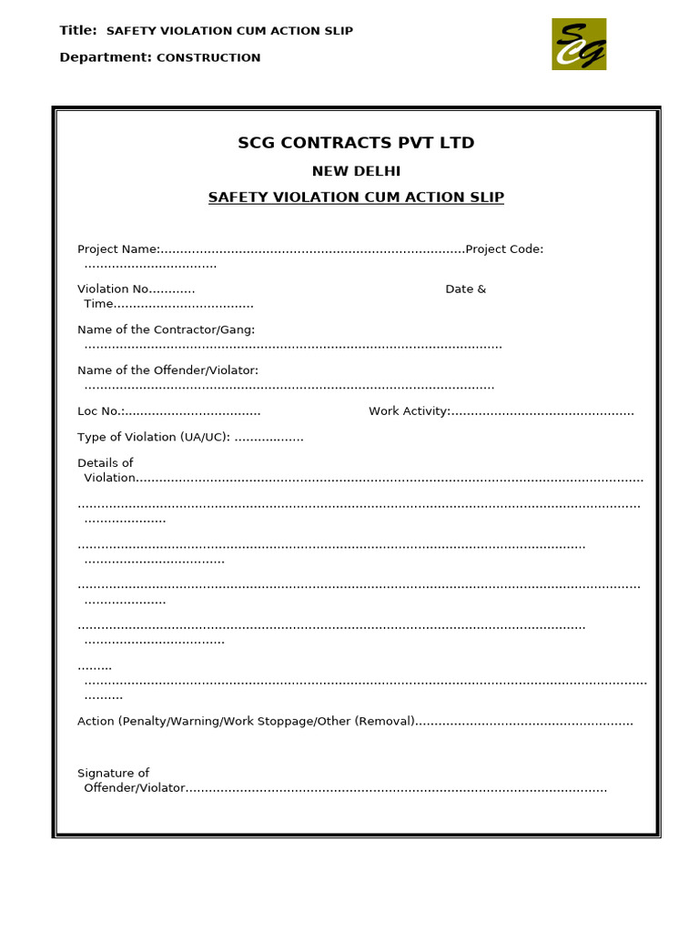 Safety Violation Action Slip Template | PDF