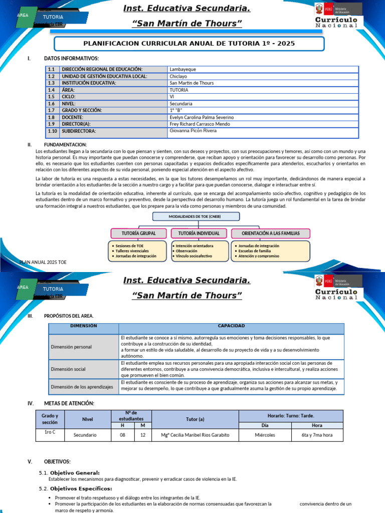 Plan Anual de Tutoría 2025 - San Martín de Thours | PDF | Aprendizaje ...