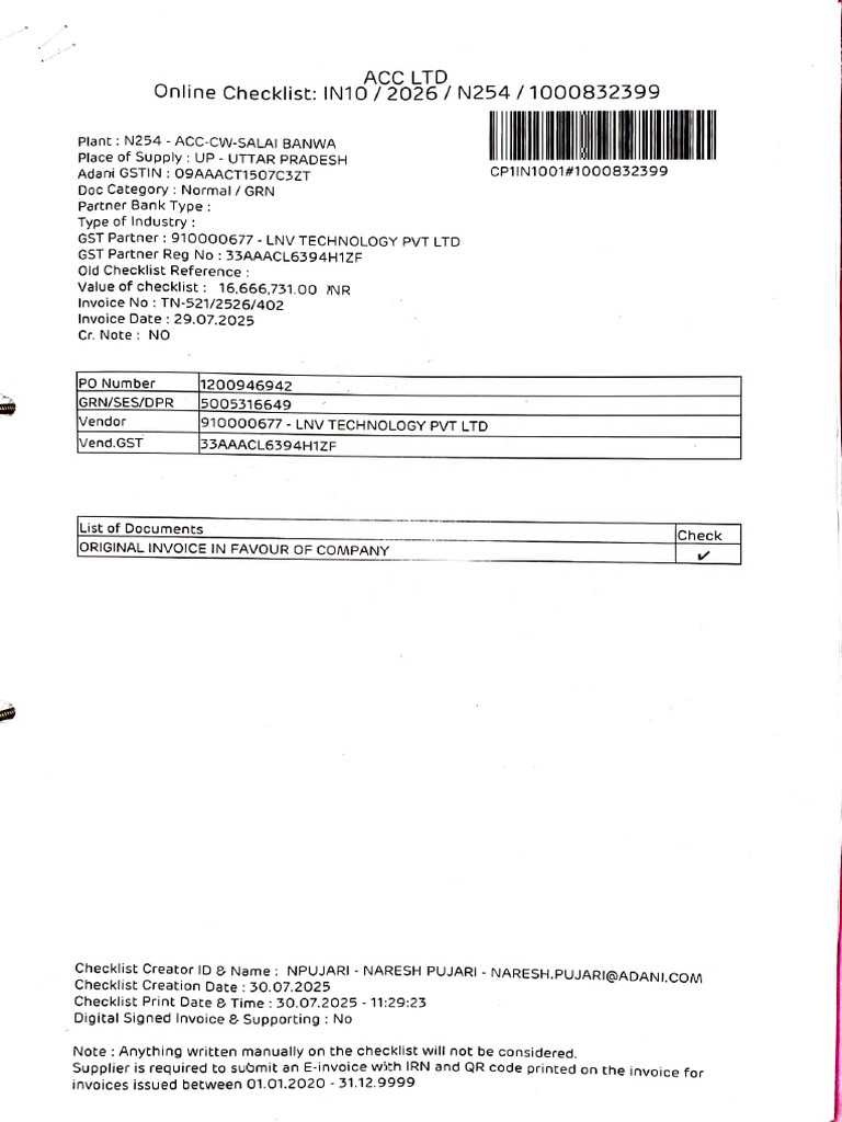 FLS Supply Checklist for UP Plant N254 | PDF