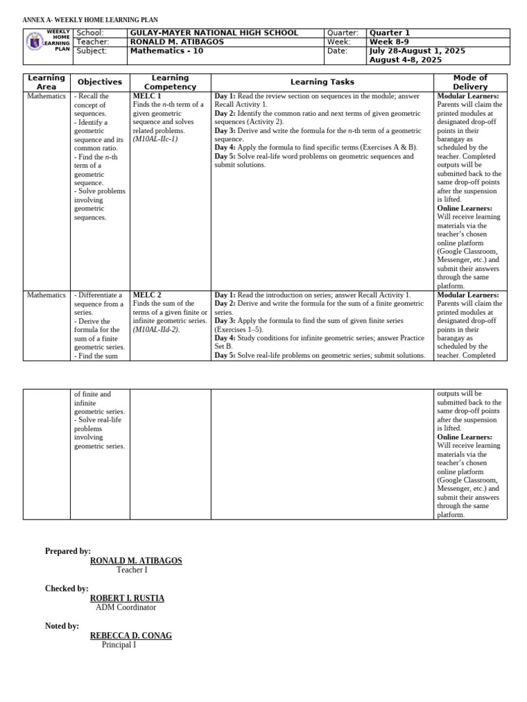 Weekly Math Learning Plan: Geometric Sequences | PDF | Learning ...