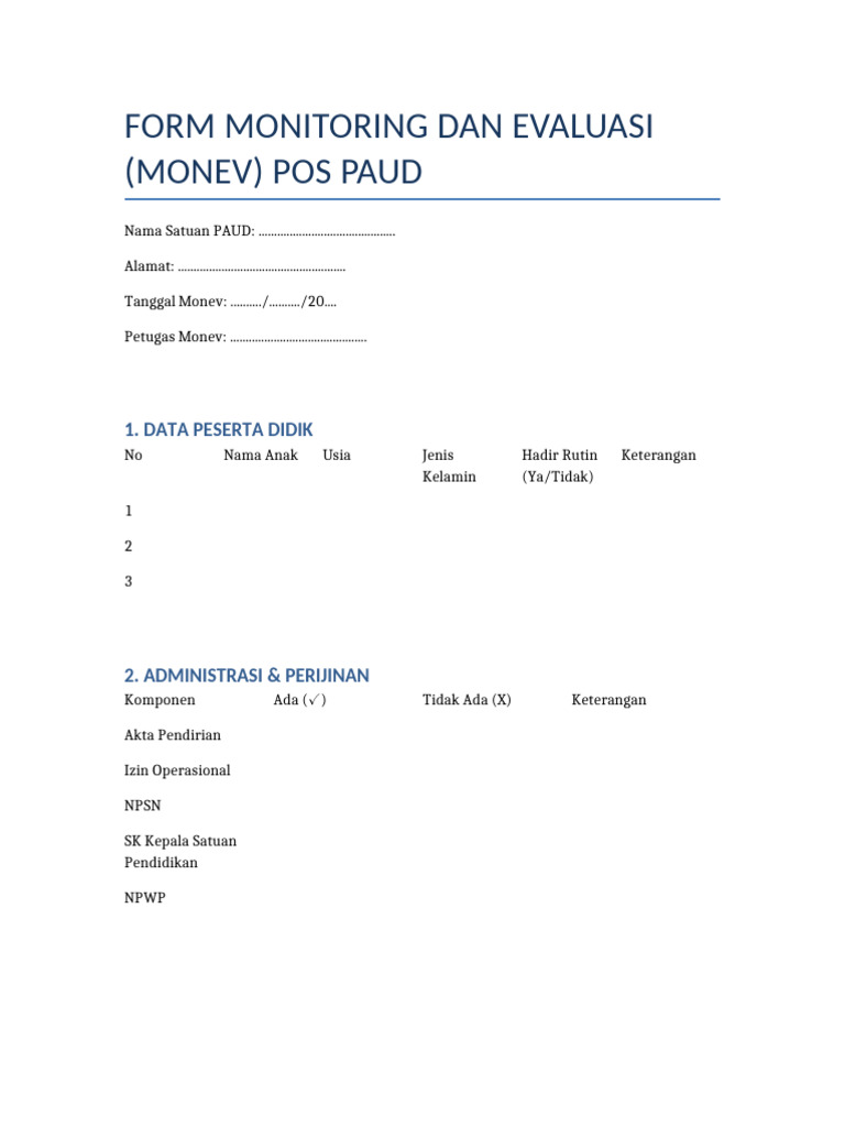 Formulir Monev PAUD Lengkap dan Terstruktur | PDF
