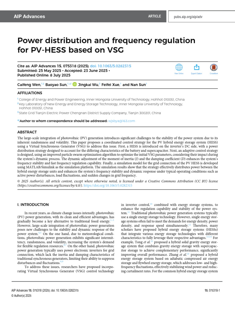 PV-HESS Control for Frequency Stability | PDF | Photovoltaics | Power ...