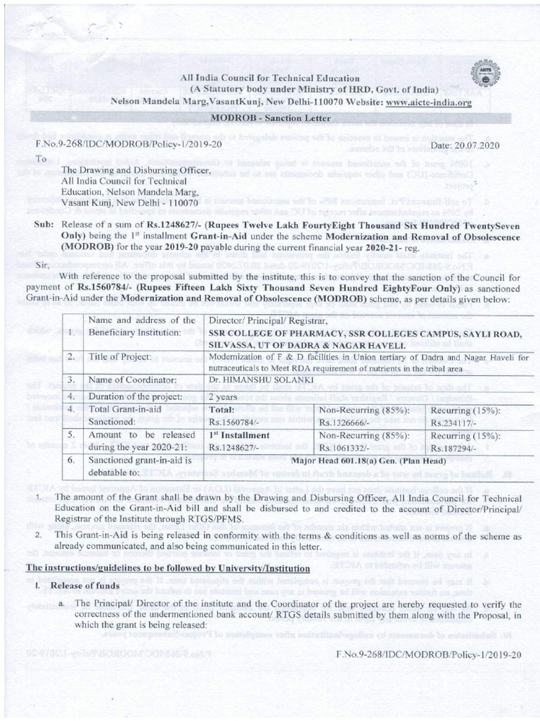 MODROB Grant Sanction Letter 2020-21 | PDF